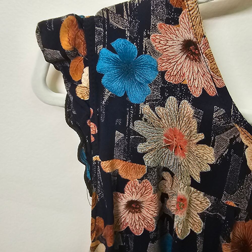 Whimsical Navy Brown Boho Floral Crinkle Ruffle Sleeveless Top Size XL 20" PTP - Picture 4 of 6
